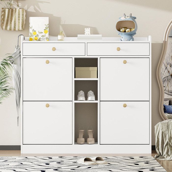 Meuble A Chaussures Blanc avec 4 portes battantes 2 tiroirs 3 compartiments ouverts - 110x26x100 cm