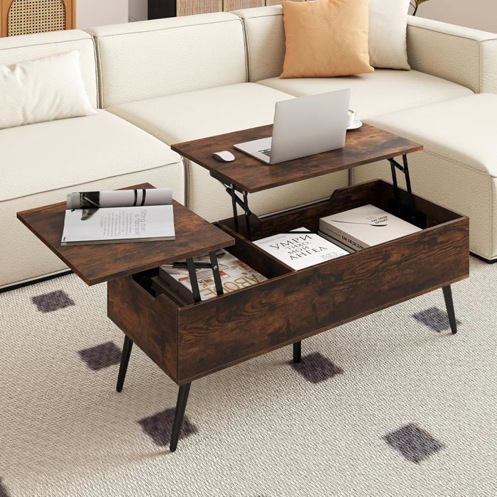 COSTWAY Table Basse Relevable 40-535 cm 2 Compartiments de Rangement Dissimulés Pieds en Métal Table Basse Salon Brun Rustique