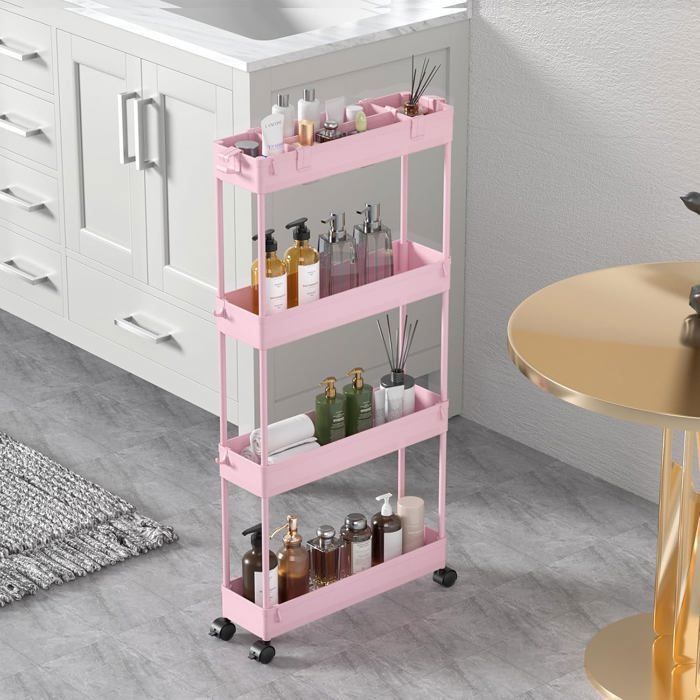 Desserte - SPACEKEEPER - 4 Niveaux - Rose - Roulettes 360° - Plastique haute qualité