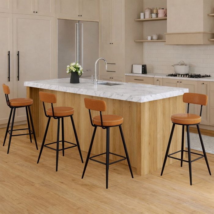 IDMARKET Lot de 4 tabourets de bar ISAURE PU marron avec coutures et pieds métal noir