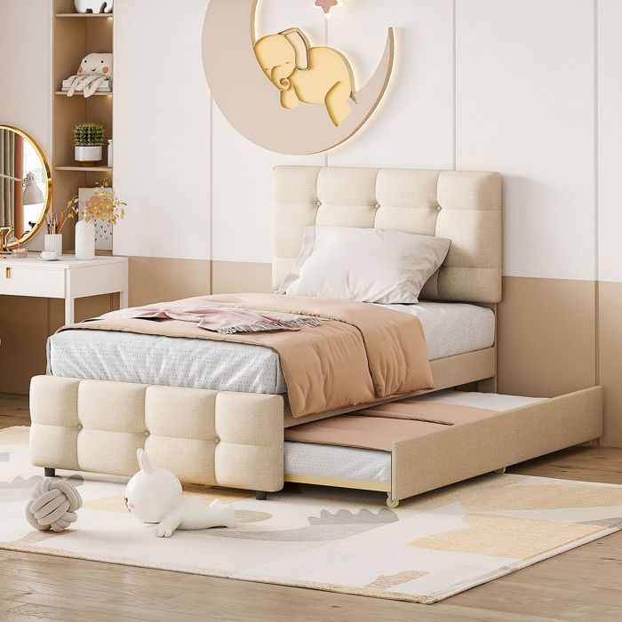 Lit gigogne 90x200 cm Tête de lit réglable - lit simple - Tissu lin respirant Design classique élégant pour enfant invité Beige
