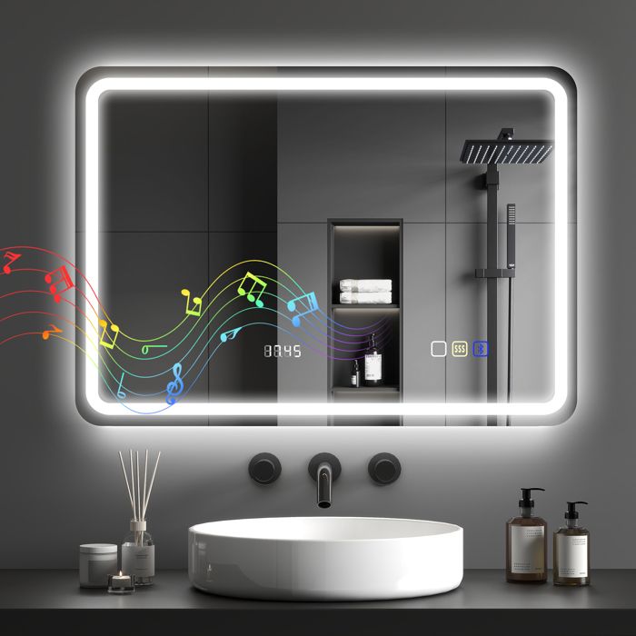 Miroir salle de bain HOMCOM - Bluetooth - éclairage LED - horloge antibuée mémoire - verre trempé - 50 x 70 cm - argenté