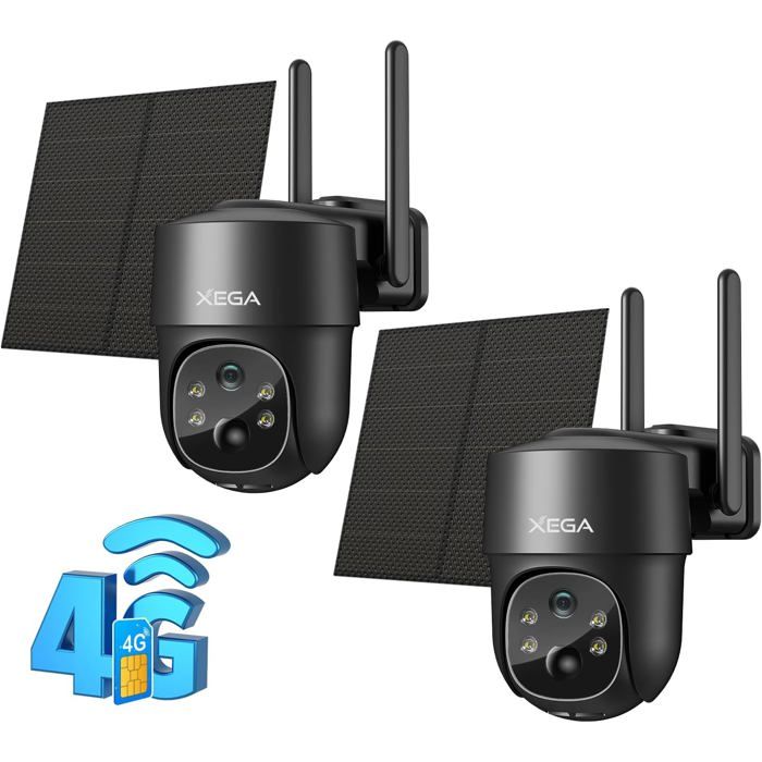 Caméra Surveillance Solaire Xega2 4G LTE 2K HD Inclinable 355° Vision Nocturne