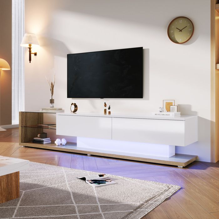 Meuble TV - TV laqué bois LED 170 cm - 2 tiroirs - 2 étagères en verre - Éclairage LED réglable
