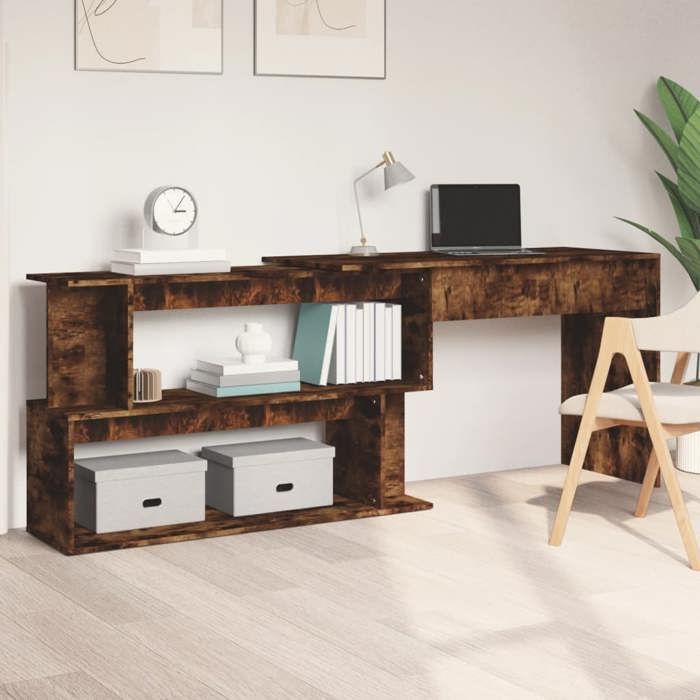 Bureau dangle chêne fumé - Happiness - 200x50x76 cm - Bois dingénierie - Chêne fumé - Grand espace de rangement