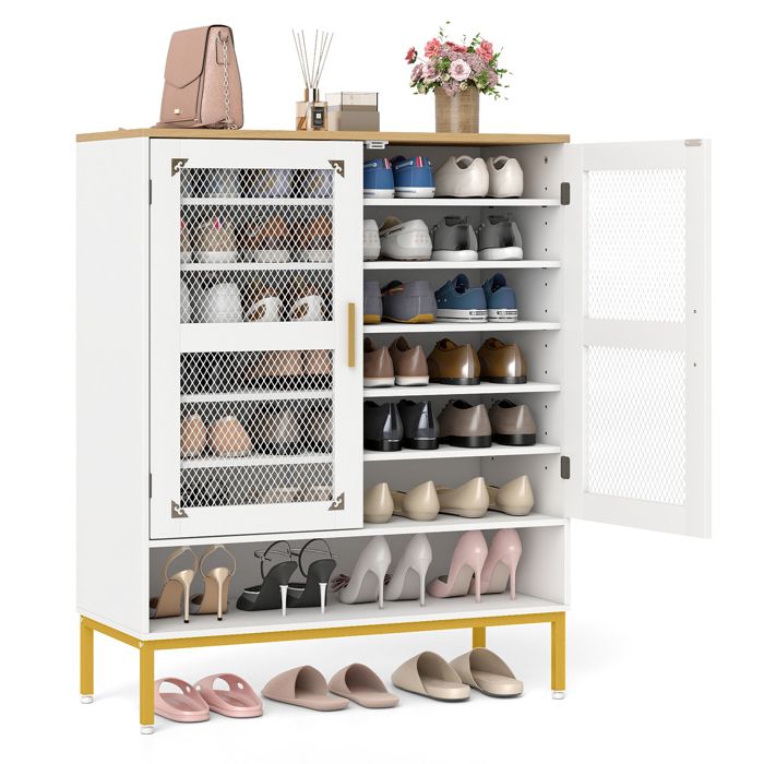 COSTWAY Meuble a Chaussure à 7 Niveaux - Portes en Maille 5 Étagères Réglables Pieds en Métal pour Entrée Couloir Salon Blanc COSTWAY Meuble a Chaussure à 7 Niveaux - Portes en Maille 5 Étagères Réglables Pieds en Métal pour Entrée Couloir Salon Blanc