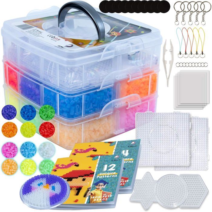 Perles à Repasser Set 10 000 Pièces 5mm Fusible Perles Bricolage Enfant 12 Couleurs - Neon et Phosphorescentes 5 Plaques