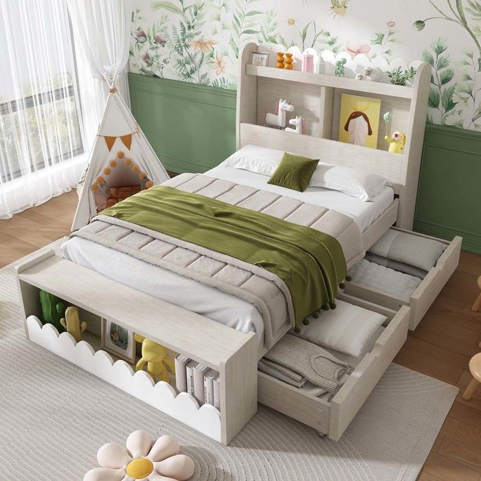 Lit enfant - 90 x 190 cm - 2 tiroirs modulables - Banc de rangement - Tête de lit étagère