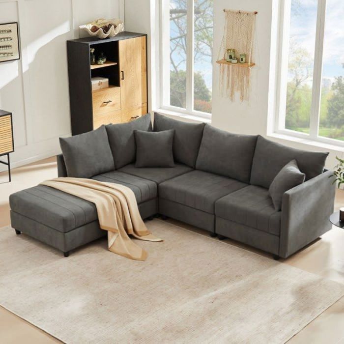 Canapé d'angle 5 places-Canapé modulaire-Coton et lin -repose-pieds ...