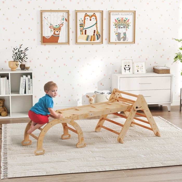 Échelle murale pour chambre d'enfant avec barre de traction, échelle de corde, anneaux de gymnastique et toboggan