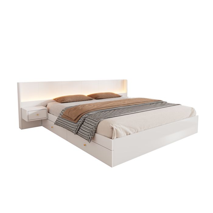 Lit 180x200 cm Multifonction avec LED USB et Tiroirs 2 Tables de Chevet Incluses Kiefer/MDF Blanc Sans Matelas