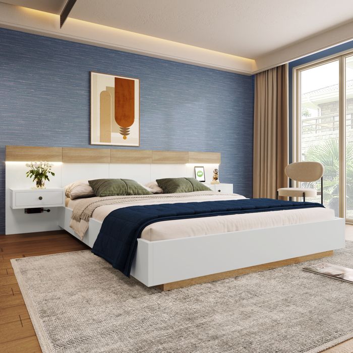 Lit Double 180x200 cm King Size avec 2 Tables de Chevet LED et Prises USB Type C Blanc et Chêne - Lit Flottant en Bois sans Matelas Lit Double 180x200 cm King Size avec 2 Tables de Chevet LED et Prises USB Type C Blanc et Chêne - Lit Flottant en Bois sans Matelas