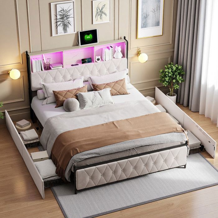 Lit double 140x200 - Capitonné beige LED RGB - Tête en velours - 4 tiroirs intégrés - Ports USB/Type-C