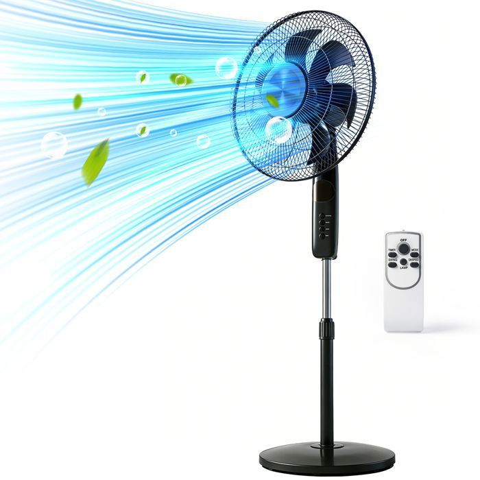 Ventilateur de Pied -Télécommande Minuterie 6 Vitesses 7 Pales Timer 9h Oscillant Réglable en Hauteur - Noir