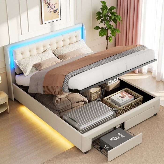 Lit double - 180x200 velours capitonné beige - LED RGB intégrée - 2 tiroirs + coffre hydraulique - Sommier inclus