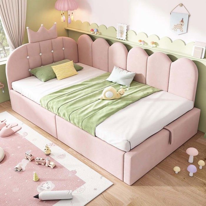 Lit enfant 90 x 190 cm - Modèle rose - Tête de lit couronne - Velours - Sommier coffre hydraulique