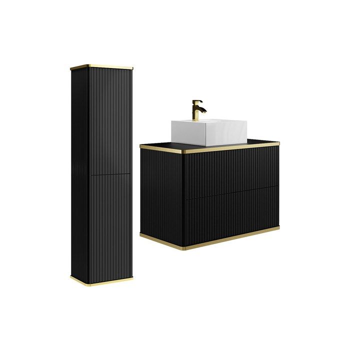 Meuble de salle de bain suspendu strié avec vasque à poser carrée et colonne - Noir - 80 cm - KELIZA