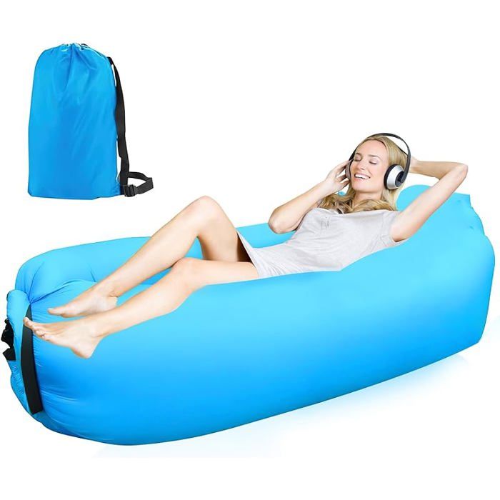 Pouf gonflable canapé de plage avec sac portable bleu ciel F polyester