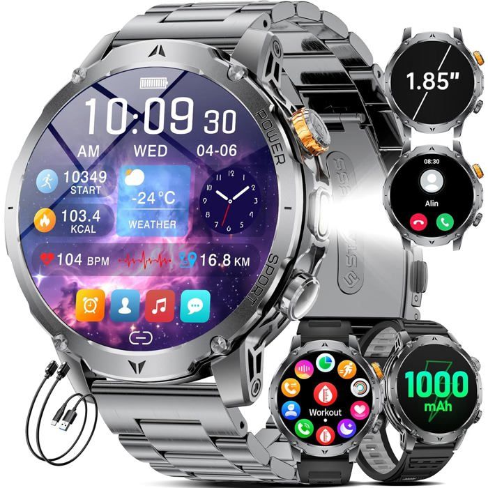 EF24 Montre Connectée Homme 1 85 HD Batterie 1000 mAh Lampe LED 100 Sports IP68 3 Bracelets Noir