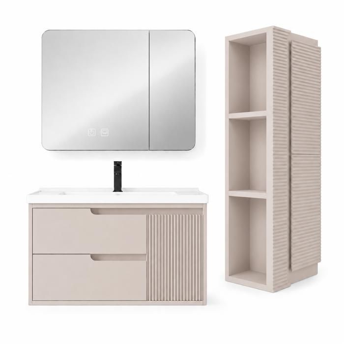 Ensemble meuble de salle de bain avec vasque armoire miroir LED et colonne - 80 cm - Kaki - SEREN Ensemble meuble de salle de bain avec vasque armoire miroir LED et colonne - 80 cm - Kaki - SEREN