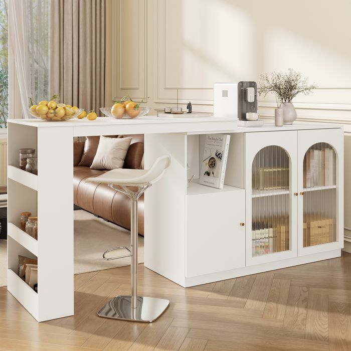 Meuble Bar Pivotant 360° avec Porte en Verre Niche et Rangement - MEUNIQ - Moderne Salon MDF Blanc 120×40×97 cm