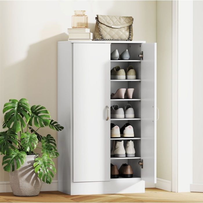 Meuble à chaussures blanc 55 x 35 x 108 cm en bois 2 portes 6 étagères réglables 14 paires