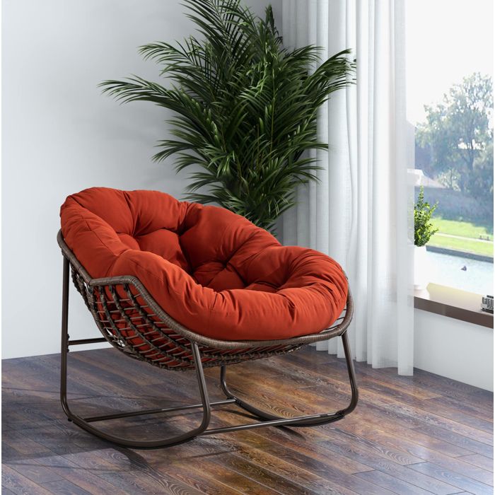 ROVRYN Fauteuil à bascule d’extérieur en rotin synthétique coussin rembourré orange 106 x 90 x 78 cm