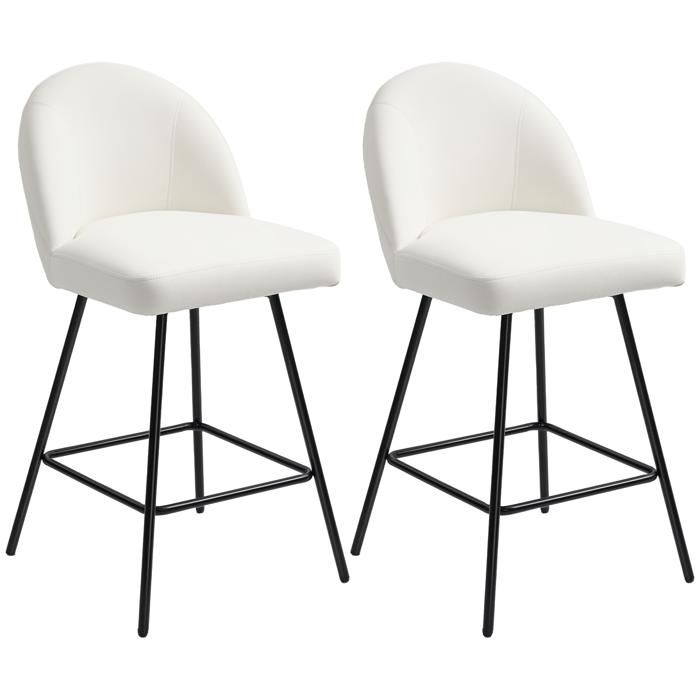 CollaHausse Lot de 2 Tabourets de Bar avec Dossier en Velours et Repose-pieds en Acier Blanc Crème
