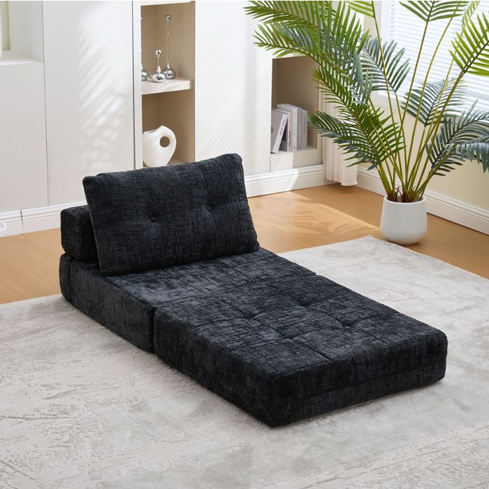 ELVORIN Canapé-lit pliable 1 place 79 x 180 x 18 cm chenille noire avec coussin de tête et coussin lombaire