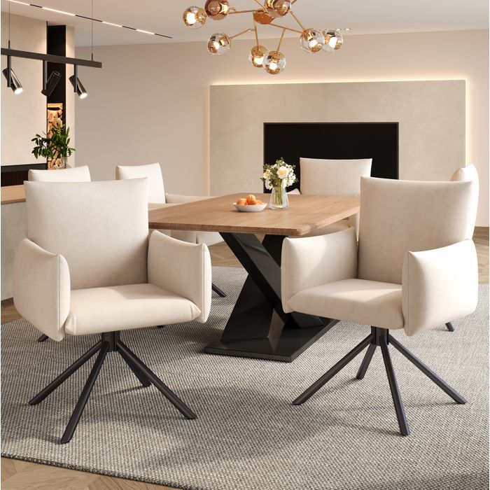 WOVREO Lot de 6 chaises de salle à manger pivotantes 360° en velours beige avec accoudoirs et pieds en métal