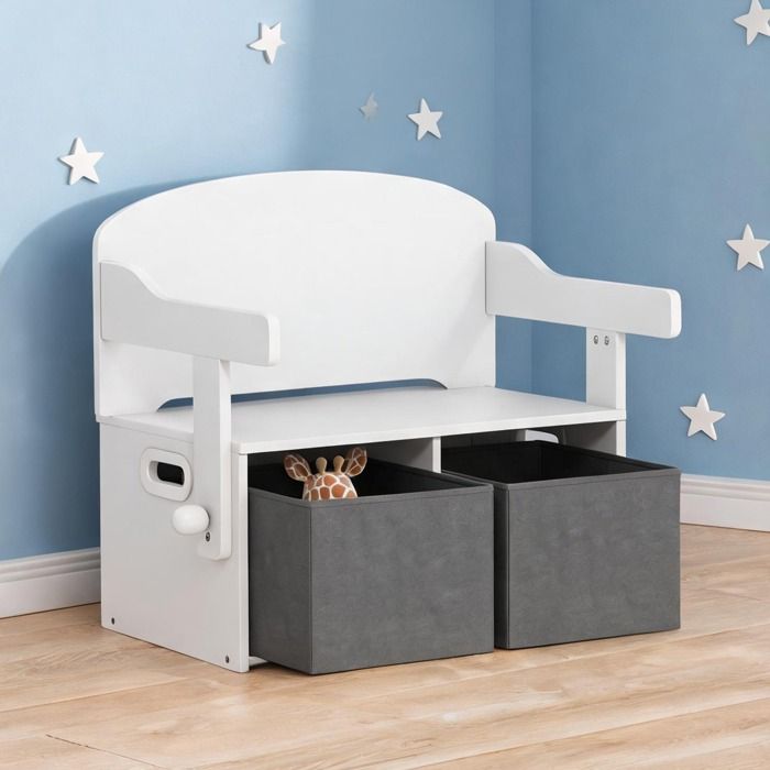 Coffre à jouets MDF blanc 3 en 1 convertible en table et chaise 2 bacs amovibles 67 5 x 46 5 x 56 7 cm
