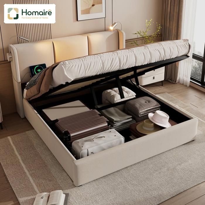 Cadre de lit de rangement rembourré avec lumière de lecture chargeur USB cadre en fer lattes élastiques lin beige 140x200cm