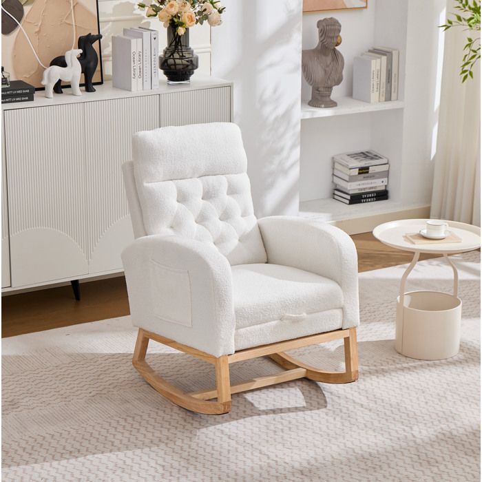 Fauteuil Bascule Teddy Blanc Rocking Chair FloraGrace Pour Salon Ou Chambre Repose-Pieds Extensible 65 6x123x102cm