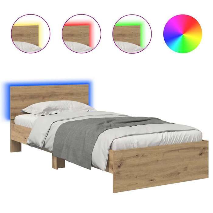 Cadre de Lit avec LED 1 place Chêne Artisanal 90x190 cm en bois avec sommier à lattes inclus et éclairage LED pour Chambre 651213