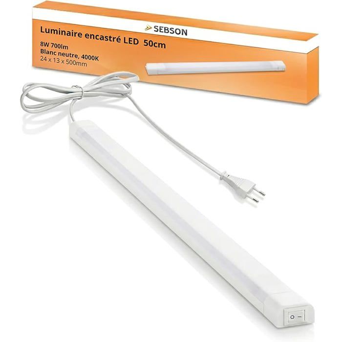 Réglette LED Cuisine 50cm avec Prise 230V et Interrupteur Bnc Neutre 4000K 8W 700lm Lampe de Pcard 1x 50cm ECLAIRAGE DE MEUBLE
