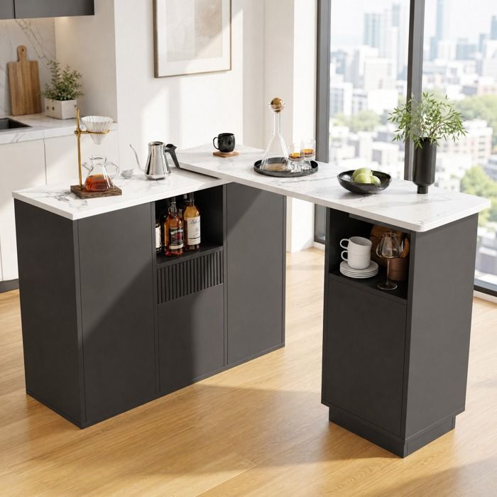 Meuble bar rotatif 360° avec rangements ouverts et fermés et tiroir - HAVRYA - pour cuisine et salon 210×30×100 9 cm