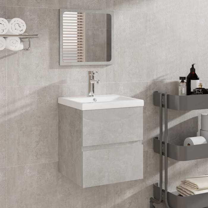 Gris Armoire lavabo de salle de bain et bassin et miroir Gris béton - Meuble Rangement LV26640