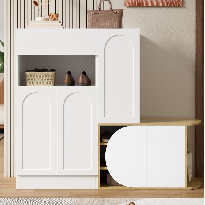 Maisentiel Meuble à chaussures d’entrée avec banc 1 tiroir 5 portes rangement ouvert MDF blanc aspect bois 130 x 35 x 110 5 cm