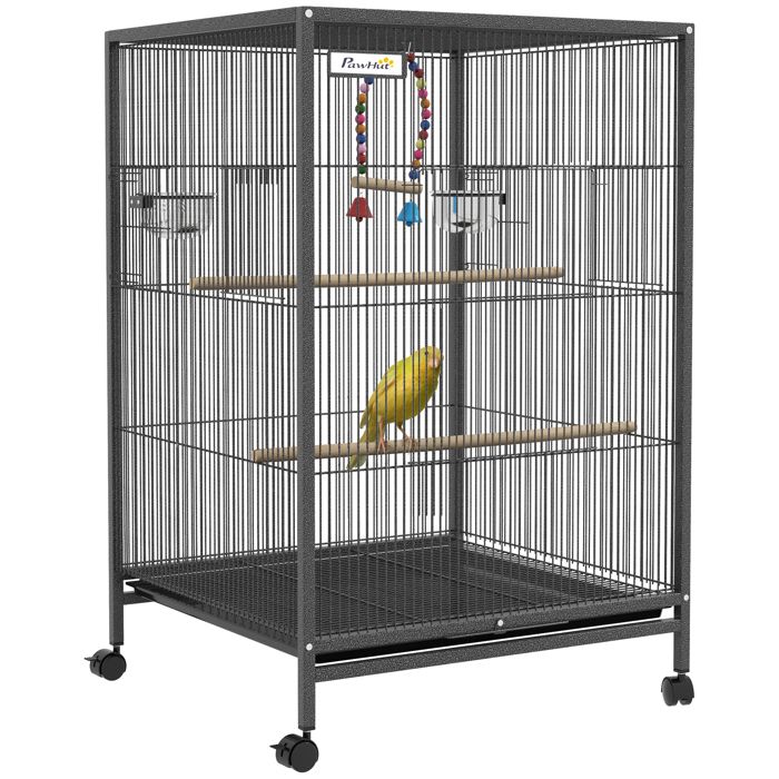 Cage oiseau sur pied cage sur roulettes avec balançoire perchoirs et plateau coulissant 48 x 46 x 78 cm en acier noir