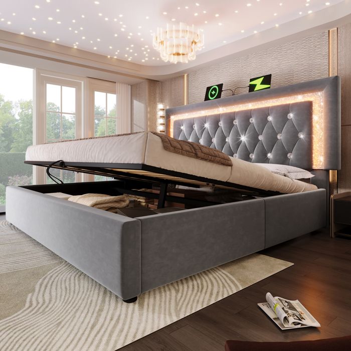 VIVA Lit double 180x200 en velours bandeau LED a franges diamant prises USB et Type-C rangement hydraulique gris