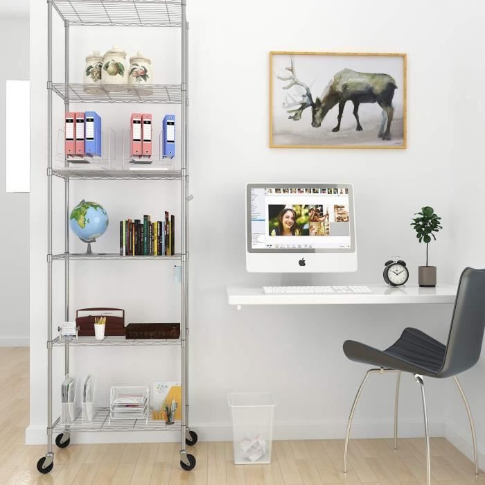 Étagère de rangement garage charge lourde à roulette 6 étages avec crochets latéraux Bibliothèque hauteur réglable 54x29x160cm