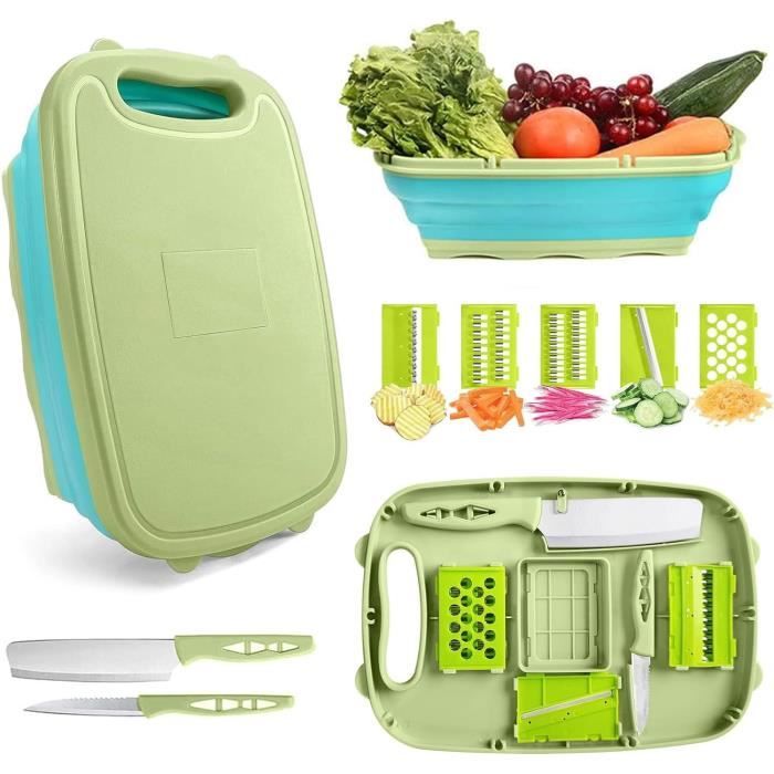 Planche à Découper Pliable 9 En 1 - Bassine Multifonction Pour Camping Avec Panier Drainage Et 5 Trancheuses, Idéale Cuisine & Voyages (Vert