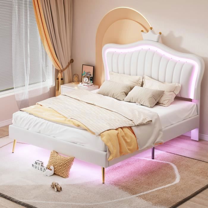 Lit enfant - VVBV - 140 x 200 cm - tête de lit du lit est réglable et couronne - Éclairage LED - lit double en cuir PU - blanc