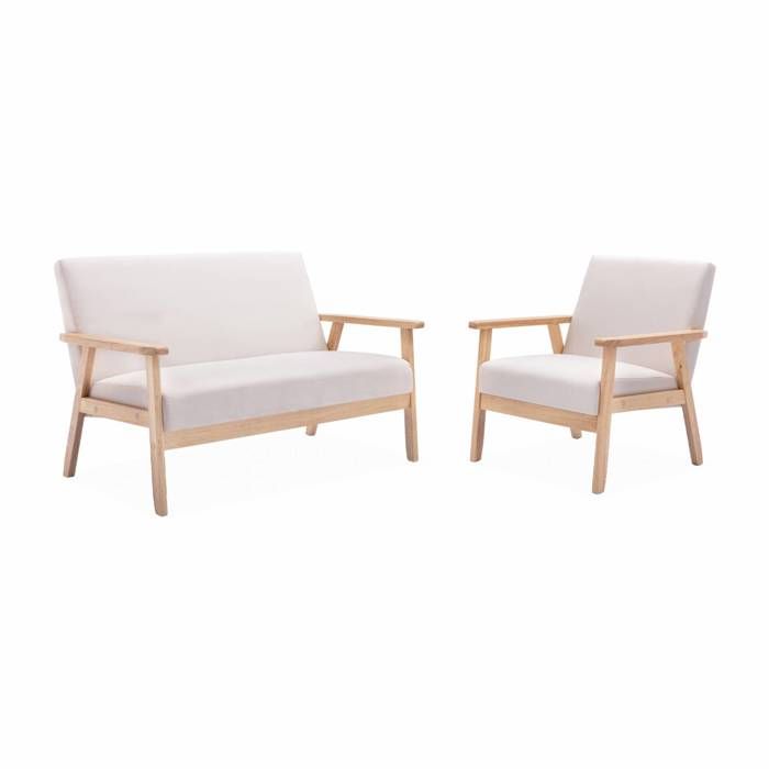 Banquette et fauteuil en bois et tissu crème. Isak. L 114 x l 69.5 x H 73cm