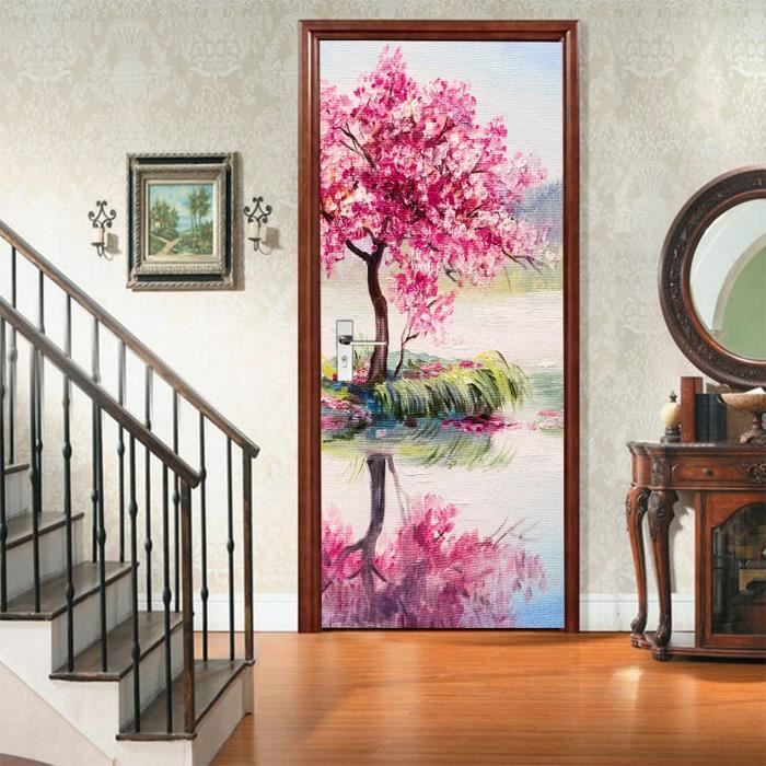 Sticker Mural 3D Effet Trompe-l'oeil Fleurs De Cerisier Blanc - Dimensions 83x204cm, Autocollant Vinyle Pour Porte - 4