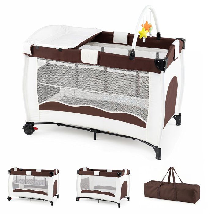 COSTWAY Lit Parapluie B&eacute;b&eacute; Pliant avec Matelas 4 en 1 -Table &agrave; Langer-3 Jouets-2 Roues Verrouillables-Sac Transportable-0-2 Ans-Brun 