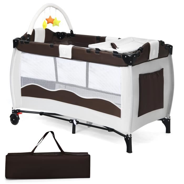 Costway Lit Parapluie Bebes Lit De Voyage Pliant Avec Accessoires Table A Langer Jouets Et Sac De Transport Brun Cdiscount Puericulture Eveil Bebe