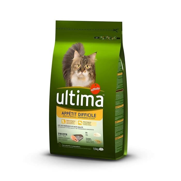 Comparer les prix de Ultima Croquettes pour Chat Adulte Appétit Difficile Truite et Riz 1,5 kg