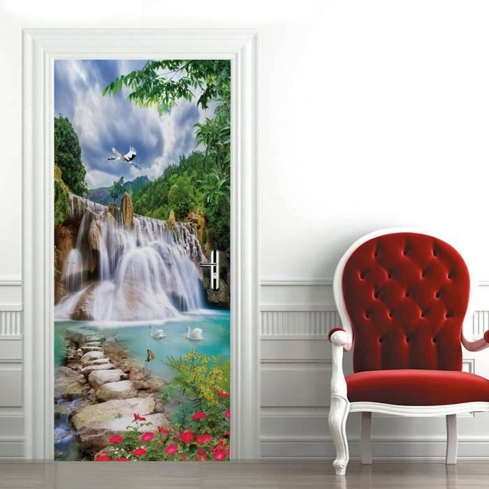 Jardin Arche Effet 3D Sticker Porte Ruisseau Montagne Zen 95x215cm - Autocollant Amovible PVC