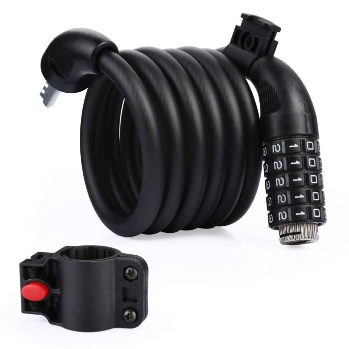 Cadenas de Vélo, 120cmCâble Antivol pour Vélo/Scooter/Motos/Portail Vélo, avec 5 Chiffres Intelligente Code et vélo Titulaire -Noir
